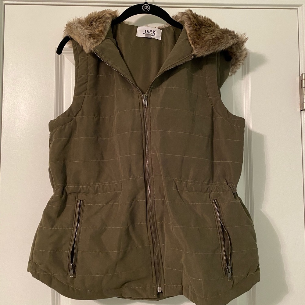Green vest with faux fur hood